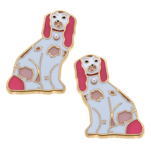 Daphne Enamel Staffordshire Dog Stud Earrings in Pink & White | CANVAS