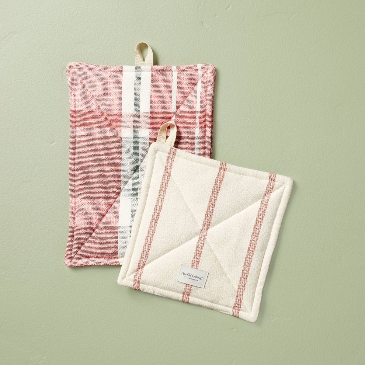 2pc Festive Plaid & Stripe Christmas Potholders Red/Green/Cream - Hearth & Hand™ with Magnolia | Target