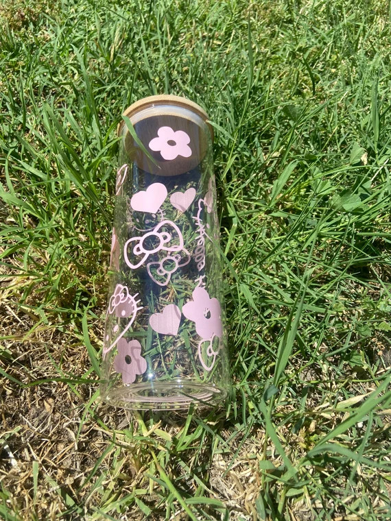 25 oz glass can kitty cup with bamboo lid and straw | Etsy (US)
