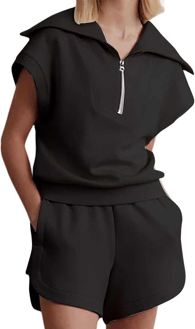 Meladyan Woman Two Piece Half Zip Sweatshirts Shorts Set Lapel Collar Cap Sleeve Sweatshirt High ... | Amazon (US)