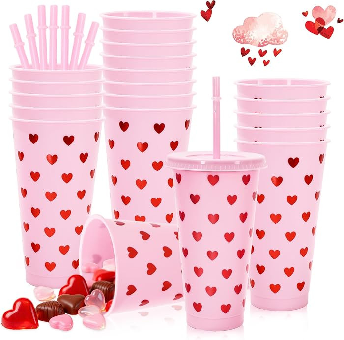 Whaline 12Pcs Valentine's Day Plastic Cups Plastic Tumbler Pink Red Foil Love Heart Cold Cup with... | Amazon (US)
