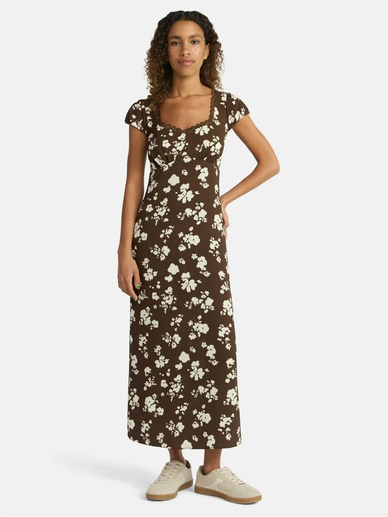 No Boundaries Lace Trim Maxi Dress with Short Bubble Sleeves, Women's | Walmart (US)