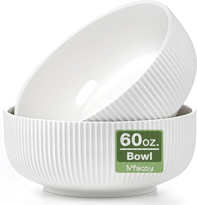 2 Pack Salad Bowl, 8 inch 60 oz Large Serving Bowl Set, Deep Bowl for Kitchen, White Ceramic Bowl... | Amazon (US)