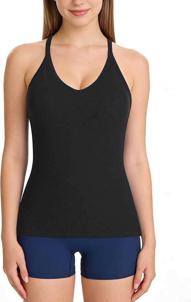ATTRACO Ribbed Workout Tank Tops for Women with Built-in Bra V Neck Rackback Going Out Camisole | Amazon (US)