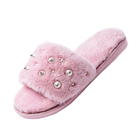 Penkiiy Women s Fuzzy Slippers Plush Cozy Slides Soft Warm House Shoes Casual Solid Pearl SlippersWi | Walmart (US)