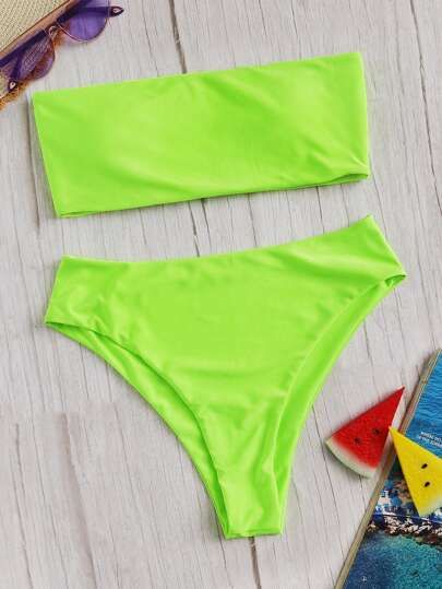 Neon Lime Bandeau With High Waist Bikini | SHEIN