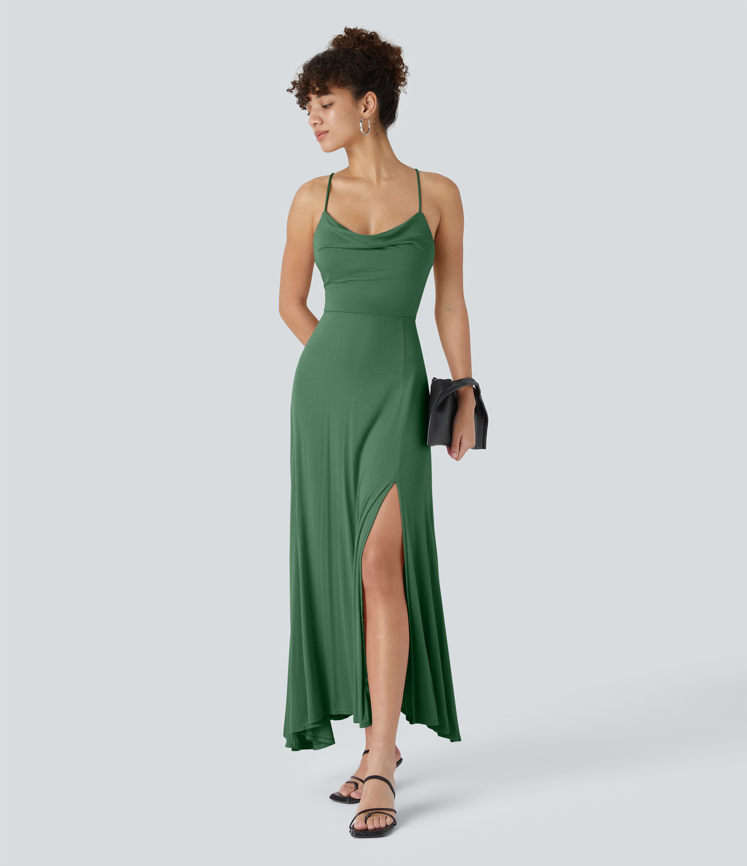 Halara Ribbed Cowl Neck Lace Up Midi Dress Casual Dress - Dark Verdant Green - L slip dress beach dress ruched dress halter dress | HALARA
