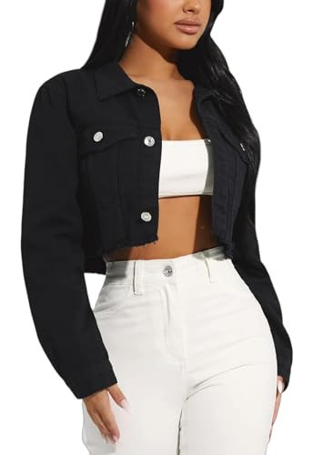 AiiUp Cropped Jean Jacket for Women Long Sleeve Classic Casual Crop Top Denim Jackets Coat | Amazon (US)