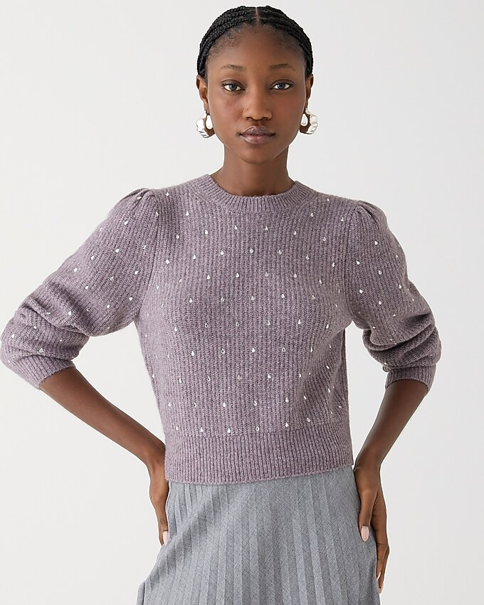 Puff-sleeve rhinestone sweater in Supersoft yarn | J. Crew US