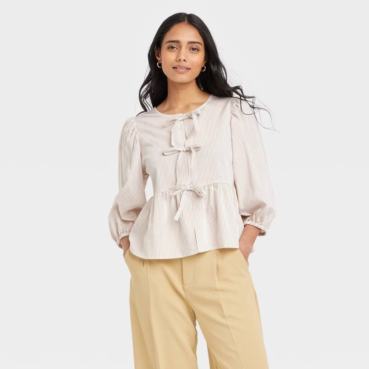 Women's Elbow Sleeve Peplum Tie-Front Blouse - A New Day™ | Target