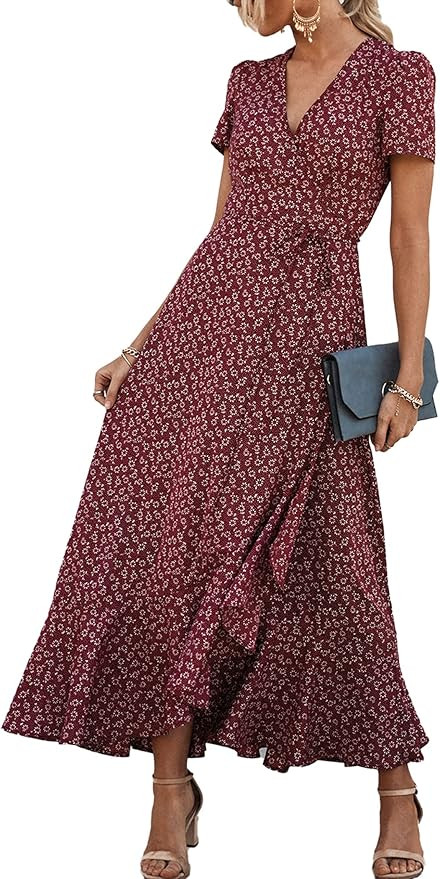 PRETTYGARDEN Women's Summer Wrap Maxi Dress Casual Boho Floral V Neck Short Sleeve Ruffle Hem Spl... | Amazon (US)