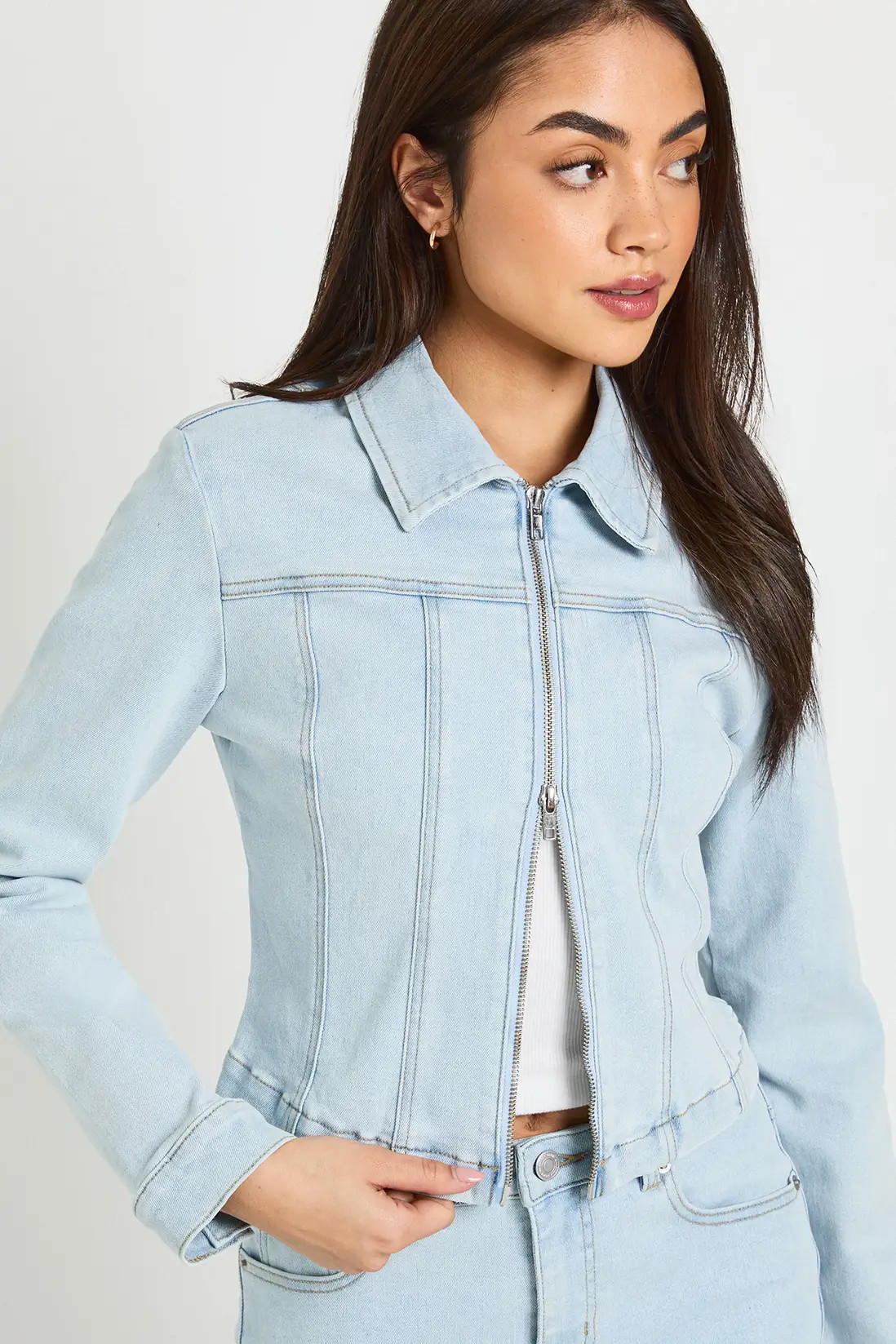 Bleached Blue Double Zip Denim Jacket | Boohoo | Boohoo.com (UK & IE)
