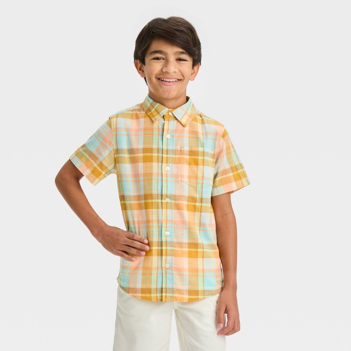 Boys' Short Sleeve Poplin Button-Down Shirt - Cat & Jack™ Light Blue/Orange | Target
