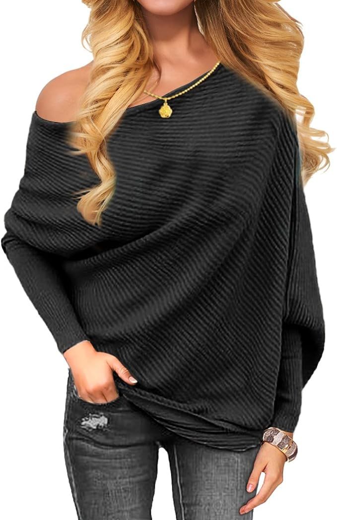 VOIANLIMO Women's Off Shoulder Knit Jumper Long Sleeve Pullover Baggy Solid Sweater | Amazon (US)