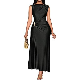 Milumia Women's Elegant Ruched Boat Neck Dress Metal Sleeveless Wedding Party Long Maxi Tank Dres... | Amazon (US)