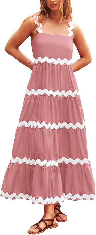 PRETTYGARDEN Women's 2024 Summer Maxi Sundress Spaghetti Strap Rickrack Ruffle Flowy Boho Casual ... | Amazon (US)