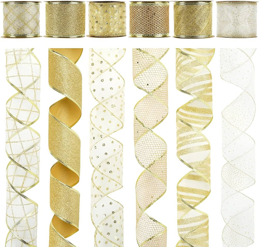 MEEDEE White and Gold Ribbon for Christmas Tree 2.5 Inch 6 Rolls 36 Yards Gold Christmas Ribbon G... | Amazon (US)