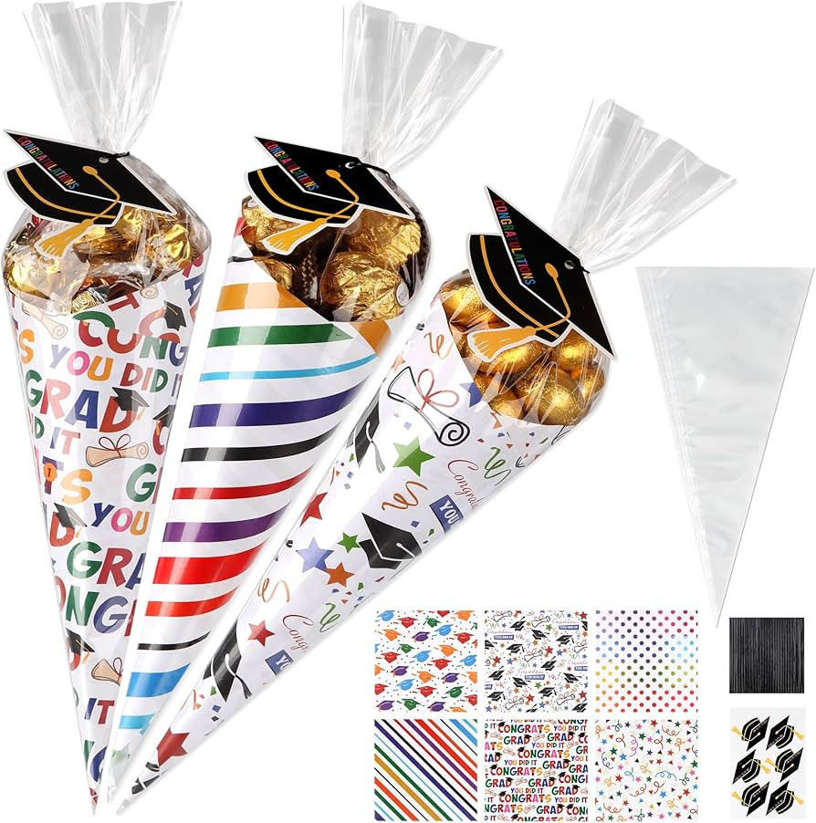 POPGIFTU 60-Pack Graduation Candy Treat Bags – Fun DIY Cone-Shaped Goodie Bags with Grad Wrap P... | Amazon (US)