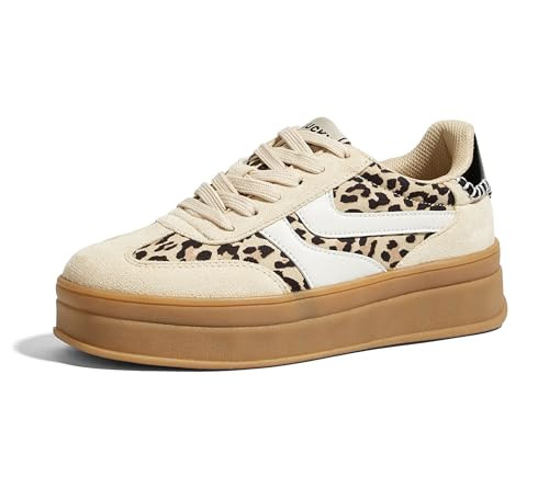 LUCKY STEP Platform Sneakers for Women Fashion Retro Thick Rubber Gum Sole Comfortable Tennis Skate Trainer Classic Walking Shoes Casual Streetwear(Leopard/Beige,11) | Amazon (US)