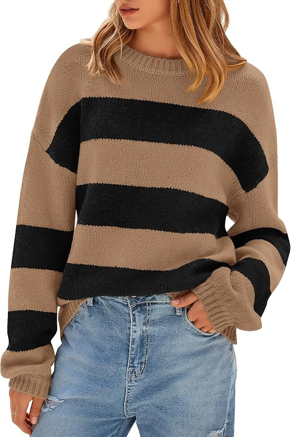 PRETTYGARDEN Womens 2024 Oversized Lantern Long Sleeve Striped Sweaters Fall Casual Crewneck Loos... | Amazon (US)
