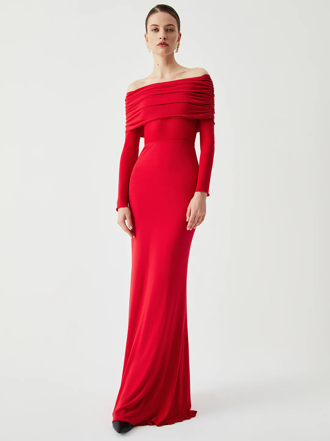 Overfold Off-Shoulder Mesh Long Sleeve Long Dress | Commense