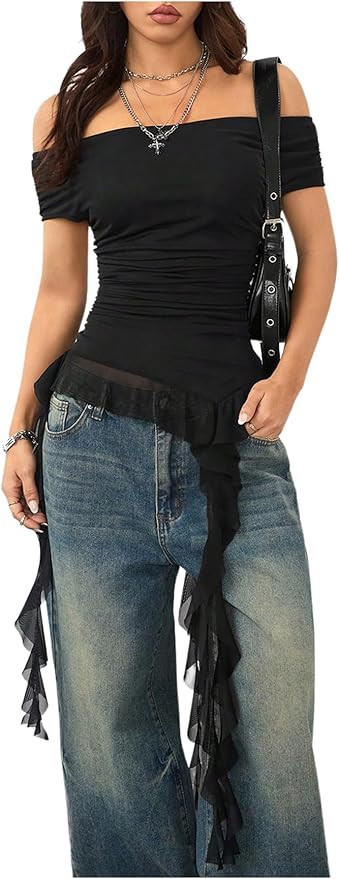 SOLY HUX Women's Off The Shoulder T Shirt Cap Sleeve Ruffle Asymmetrical Hem Ruched Tee Y2k Summe... | Amazon (US)