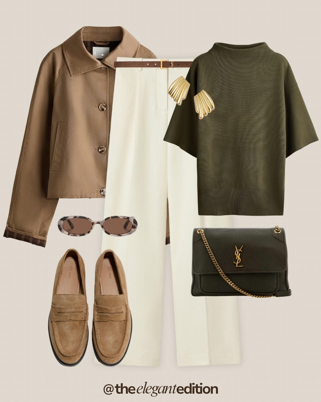 Olive Green Spring Outfit 💚🤎
Tags: cream white trousers tailored wide leg brown leather belt camel jacket cropped oversized olive green knit tee short sleeve oversized camel suede loafers minimalist olive green YSL shoulder bag chain strap gold hardware sunglasses tortoise oval gold earrings fan shaped spring transitional casual chic elegant
#LTKspring #LTKstyletip #LTKitbag

#LTKspring #LTKstyletip #LTKeurope