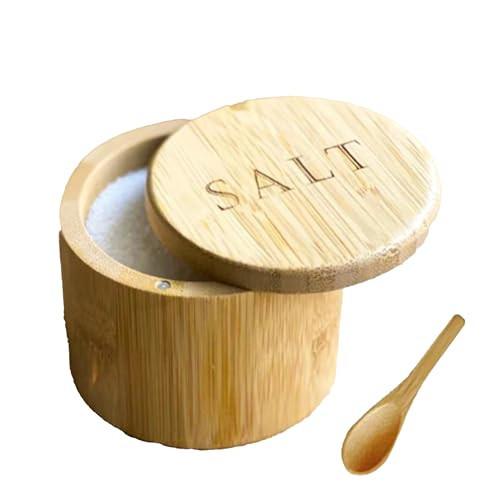 CJFNDFA Bamboo Salt Box with Spoon, Magnetic Swivel Lid, 6oz Salt Cellar | Amazon (US)