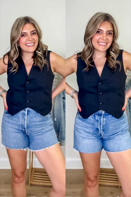 Designer vs Target shorts! They look nearly identical! I’m a typical 8 and wearing a size 6 and 28. Size down if in between. Wearing a small in the linen vest. (Size down.)

#LTKsalealert #LTKfindsunder100 #LTKfindsunder50