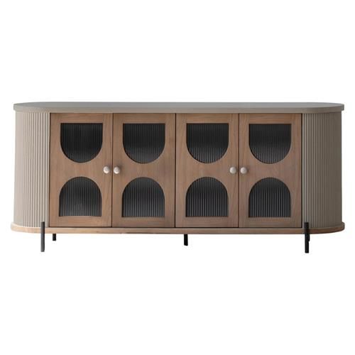 Roma Mid Century Modern Brown Wood 4 Door Glass Fluted Sideboard | Kathy Kuo Home