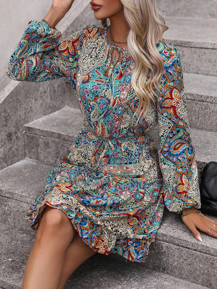 SHEIN LUNE Paisley Print Knot Front Ruffle Trim Dress | SHEIN