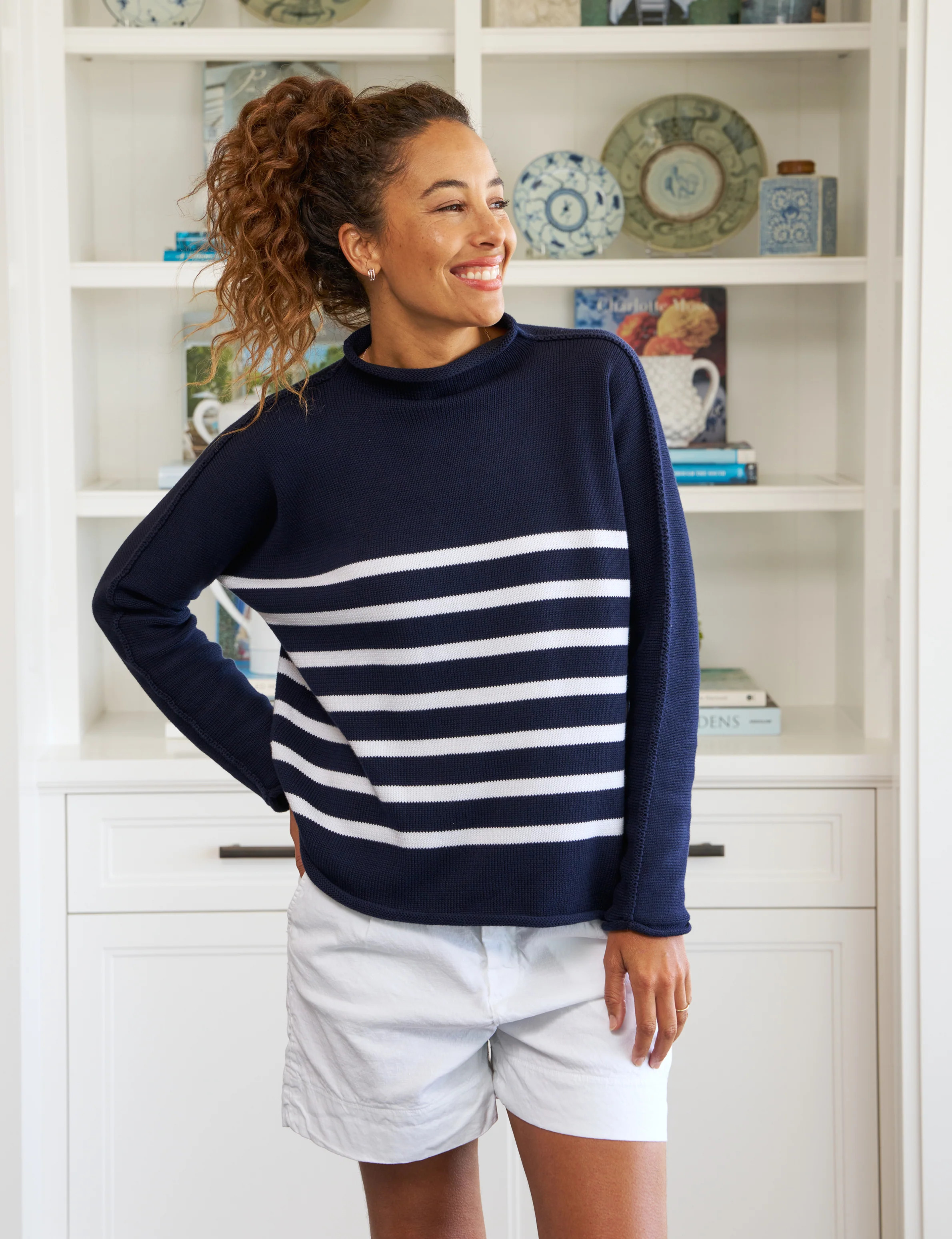 MONTEREY Navy with White Stripe, Pure Italian Cotton | Frank & Eileen