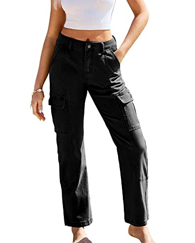 GRAPENT Cargo Pants for Women Straight Leg Pants Women Western Pants Summer Pants Ladies Pants Summer Pants Women Cargo Jeans High Waist with Pockets Color True Black Size 18 | Amazon (US)