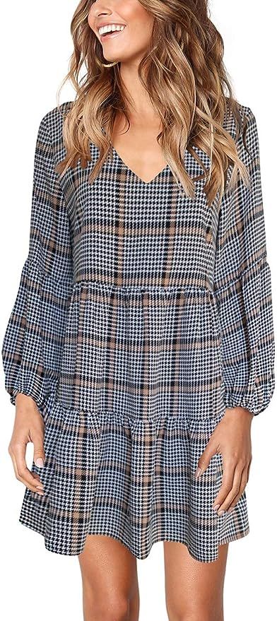 Cosonsen Womens Printed Swing Shift Dress Long Sleeve V Neck Tunic Dress | Amazon (US)