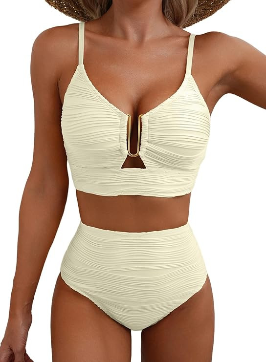 Herseas 2 Piece Bikini Set V Neck Cutout Swimsuit High Waisted Textured Ruched 2025 Summer Beach ... | Amazon (US)