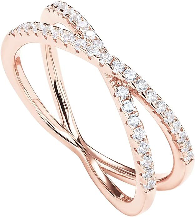PAVOI 14K Gold Plated X Ring CZ Simulated Diamond Criss Cross Ring (6, Rose) | Amazon (US)