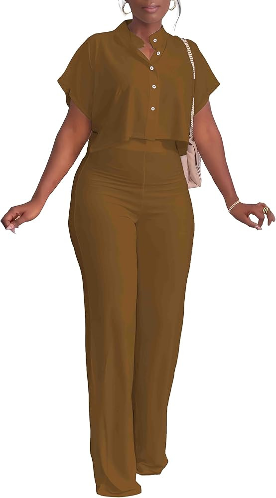 Women's Summer 2 Piece Outfits Casual Tracksuit Short Sleeve Button Down Crop Top Wide Leg Long P... | Amazon (US)