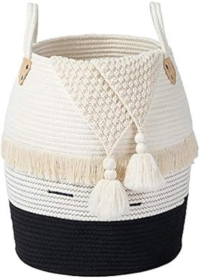 ANTJUMPER Baby Hamper 16" x 15" x 15", White and Blue Nursery Hamper Belly Cotton Rope Laundry Ba... | Amazon (US)