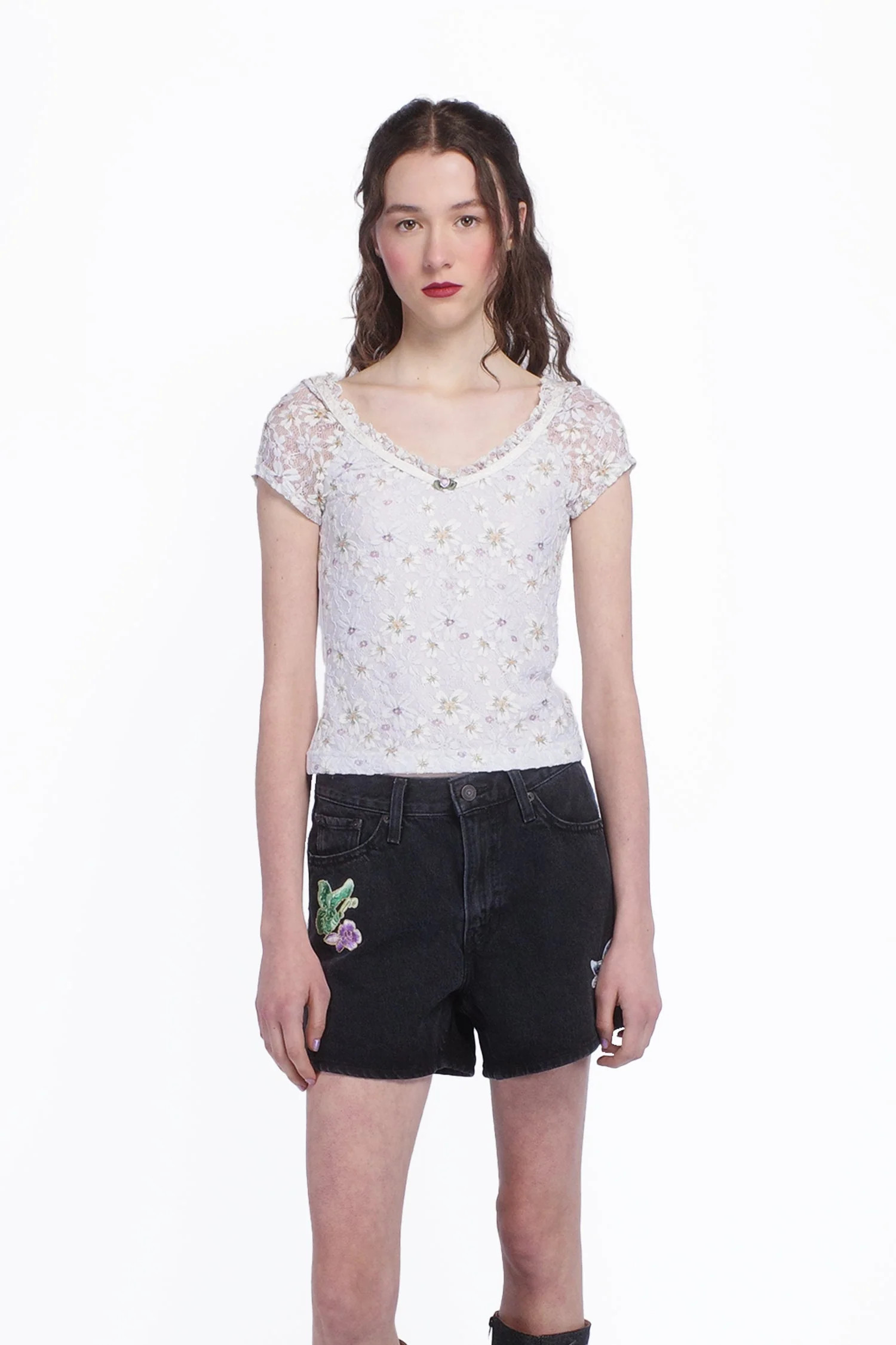 Pansy Stretch Lace Short Sleeve Top | Anna Sui