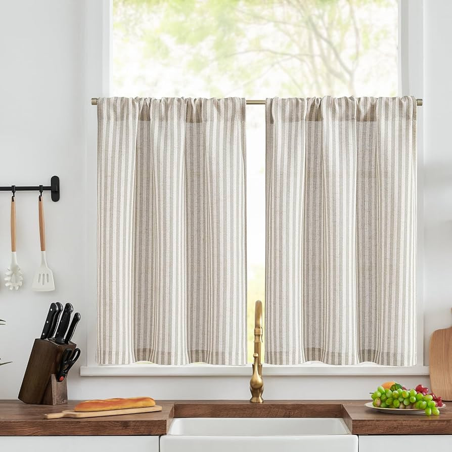 jinchan Striped Linen Kitchen Curtains 30 Inches Tier Curtains Farmhouse Modern Cafe Style Small ... | Amazon (US)