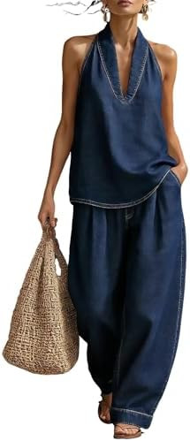 Women's Summer 2 Piece Denim Set Halter Vest Top Wide Leg Barrel Jeans Two Piece Casual Outfits | Amazon (US)
