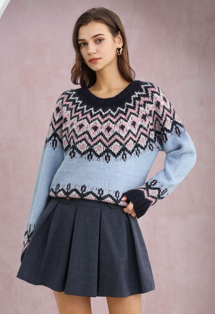 Nordic Charm Fair Isle Knit Sweater in Blue | Chicwish