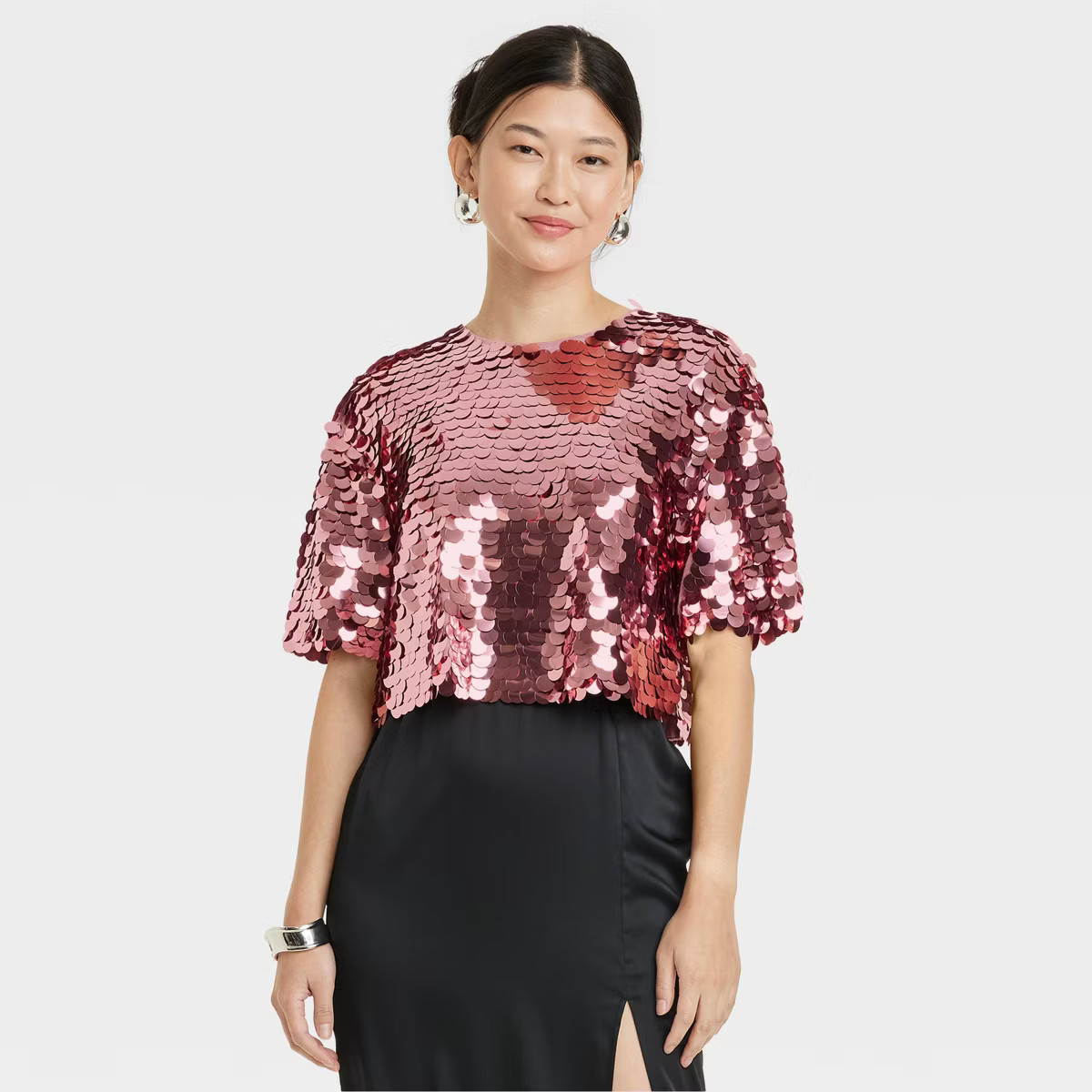 Women's Short Sleeve Paillettes - A New Day™ Pink XS | Target