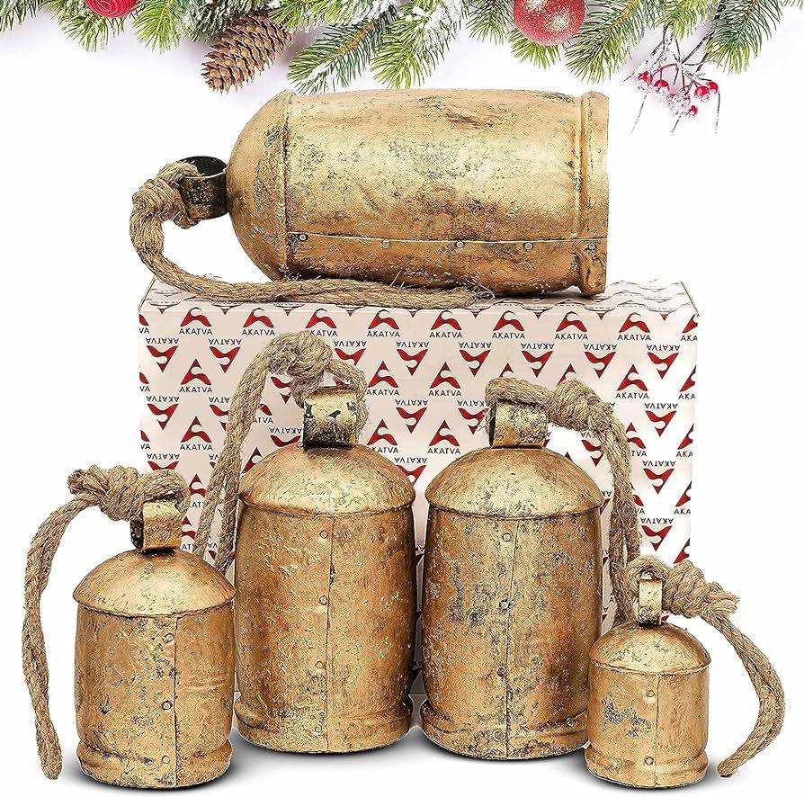 Akatva Large Christmas Bells for Decoration – Cow Bells for Rustic Christmas Decor – Gold Bel... | Amazon (US)