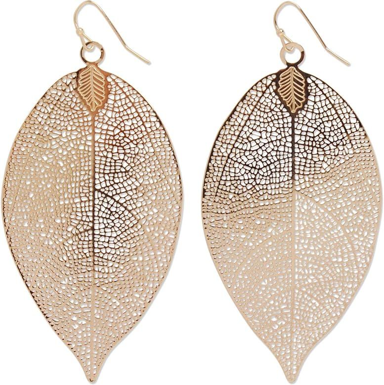Leaf Earrings for Women - Gold, Rose, or Silver Tone Delicate Filigree Dangle Earrings | Amazon (US)