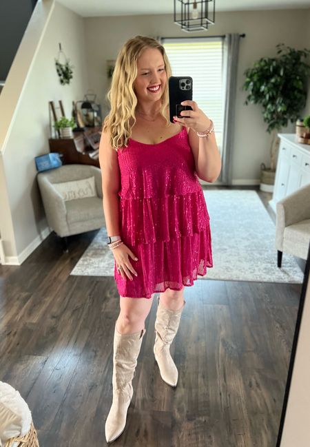 Eras Tour outfit idea — pink sparkly dress and tan neutral western boots. Super cute ad comfortable for a summer concert outfit, especially the Taylor Swift concert! Wearing dress size large.

#LTKunder50 #LTKSeasonal #LTKU