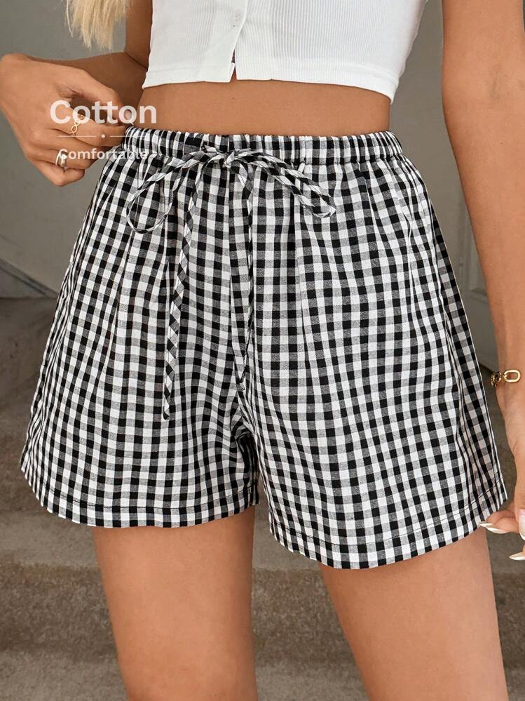 SHEIN LUNE Teacher Outfits Summer Casual Comfortable Black & White Plaid Shorts With Pockets And Elastic Waistband, Made Of Imitation Linen Fabric Workout Short Boho Women Clothing Gingham Shorts Checkered Shorts Womens Summer Shorts Cute Shorts For Women Womens Casual Shorts Back To School Casual Shorts For Women Sweet Pants Baggy Pants | SHEIN
