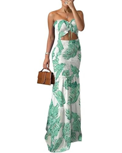 CHICME Floral Printed Prom Dress Tie Ruched Shirred Bandeau Party Dress Slim Fit Ruffle Hem Vacation Dresses Floral Green-M | Amazon (US)