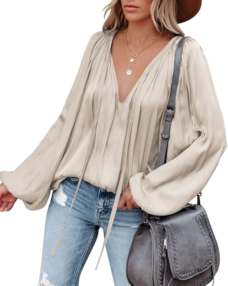 LAMISSCHE Womens Sexy Deep V Neck Blouse Lantern Long Sleeve Chiffon Shirt Oversized Drawstring S... | Amazon (US)