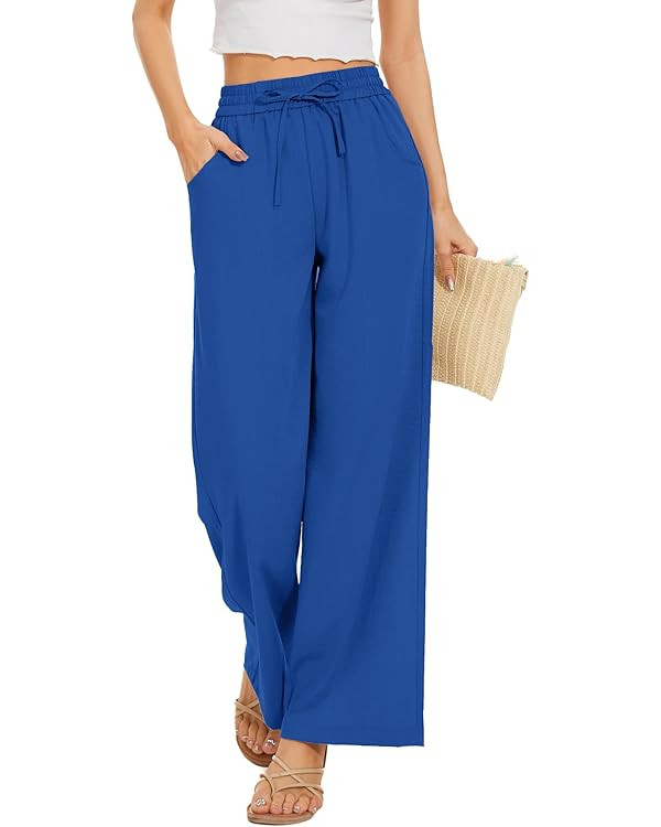 Women Flowy Pants Drawstring Waist Wide Leg Palazzo Beach Pants Loose Fit with Pockets | Amazon (US)